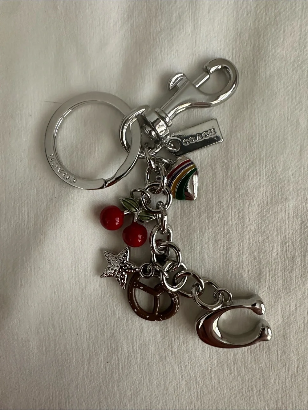 Coach Silver-Tone Cherry Rainbow Charm Keychain